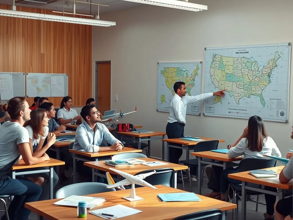 A vibrant image showcasing a group of students participating in a ground school session, with an instructor explaining flight principles using a model aircraft. The setting is a well-equipped classroom with aviation charts and training materials visible.