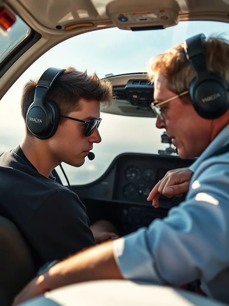 A student pilot in the cockpit of a glider, receiving instruction from a certified flight instructor, with the airfield and surrounding landscape visible in the background.