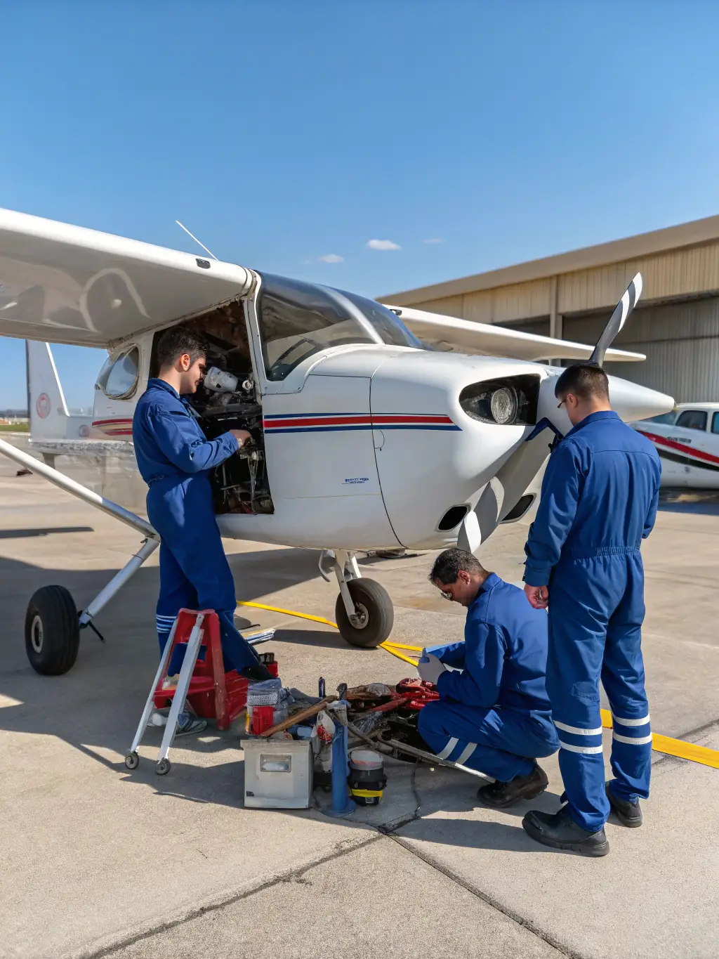 A pilot performing pre-flight checks on a motorized aircraft, with the Aero Club Charentais hangar in the background.