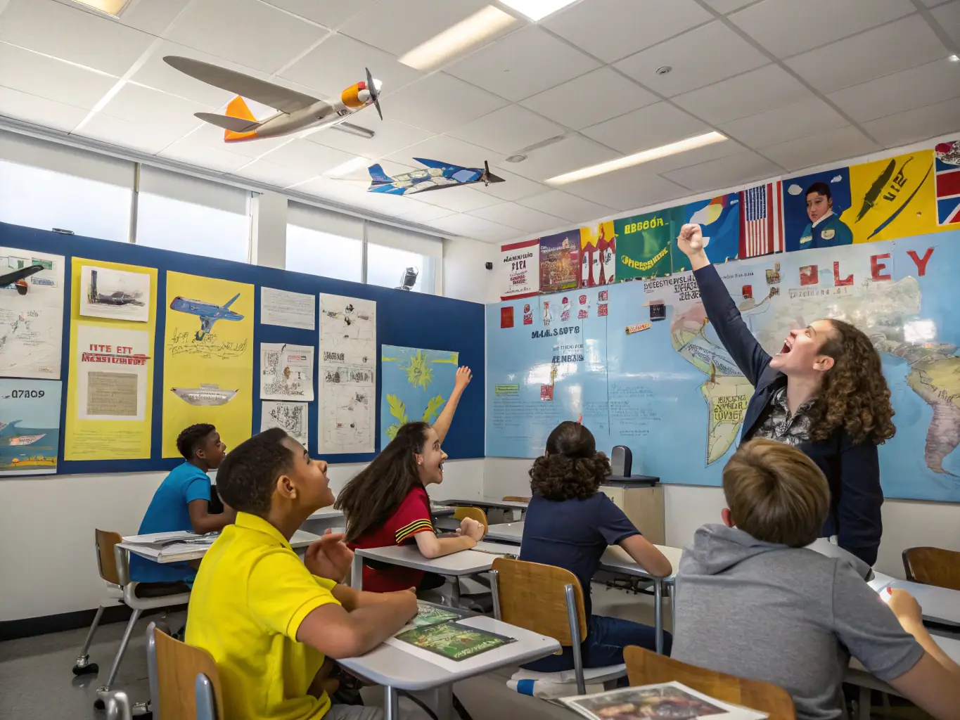 A vibrant image showcasing a group of students participating in a ground school session at AERO CLUB CHARENTAIS, emphasizing the importance of theoretical knowledge in aviation training.