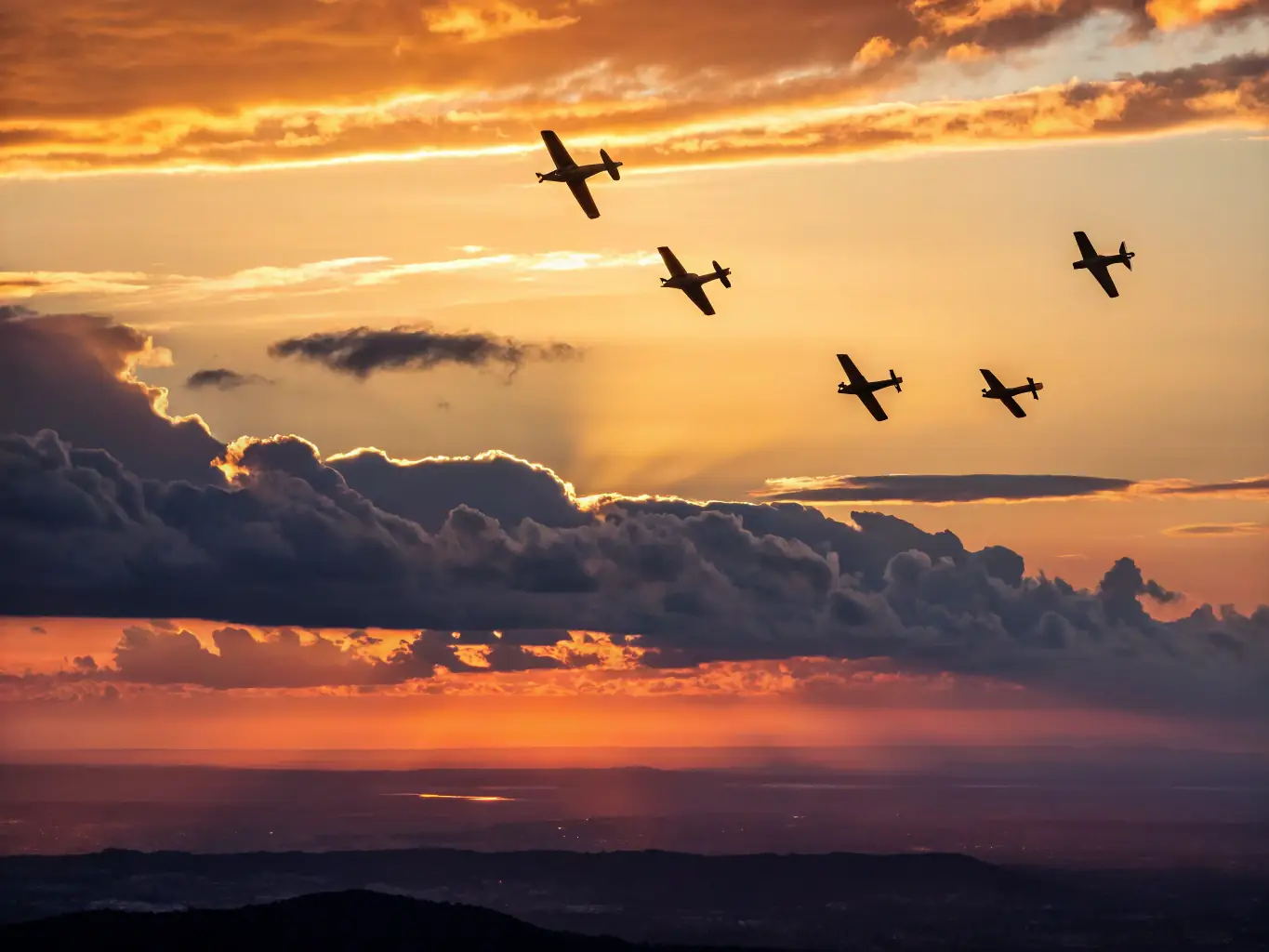 A dynamic image of a group of club members participating in a formation flying activity, with multiple aircraft soaring through the sky in perfect synchronization.